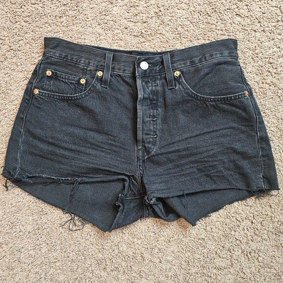 Levis 501 Shorts Womens 28 Black Cut Off Denim Stretch Button Fly High Rise - Picture 1 of 10